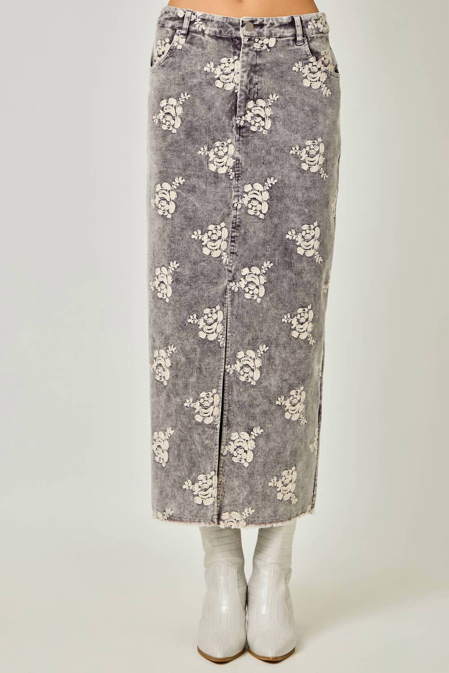 Mystree - Embroidered Front Slit Corduroy Midi Skirt