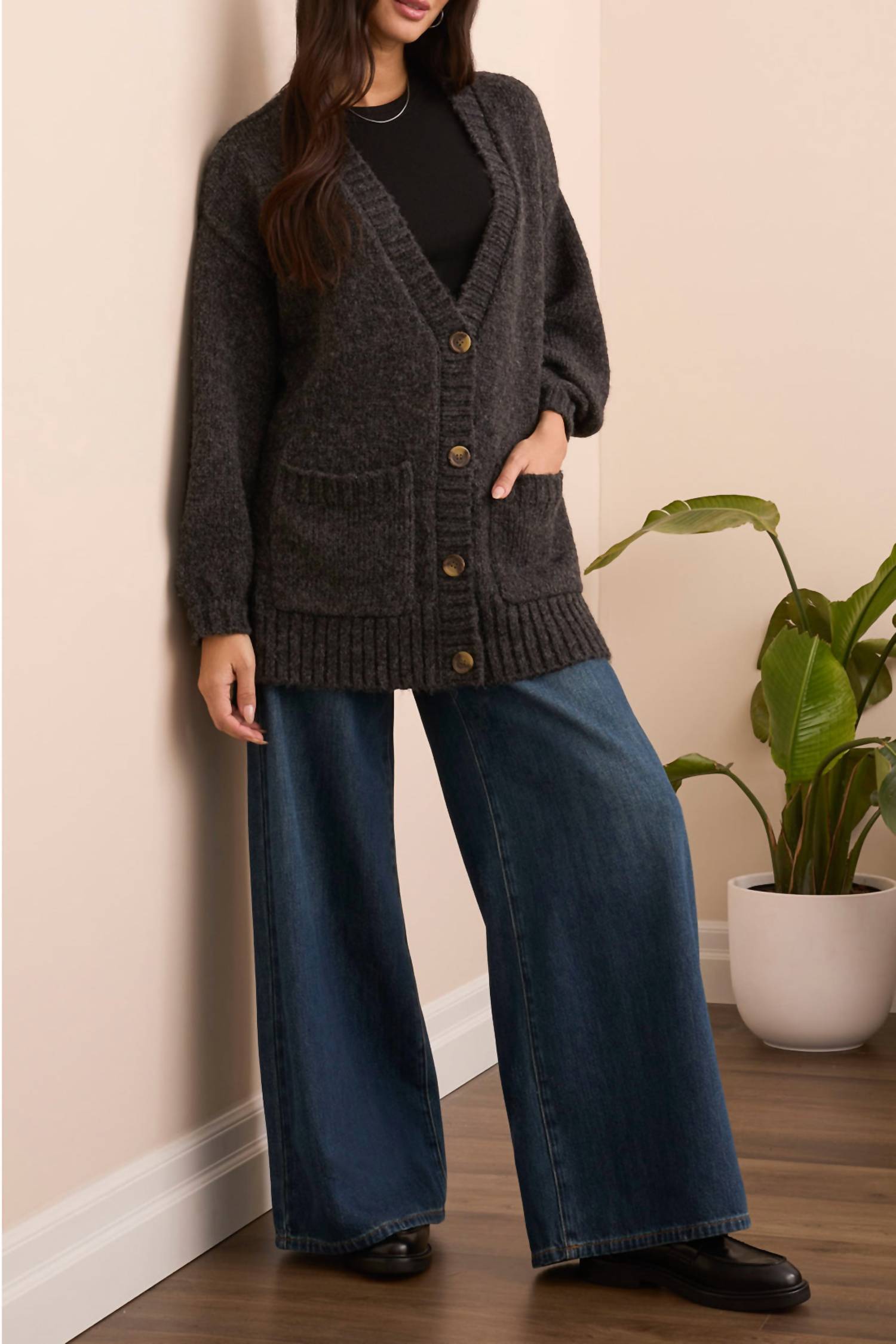 TRIBAL Oversized Sweater Cardigan in heather black - women's cardigan - alternate view