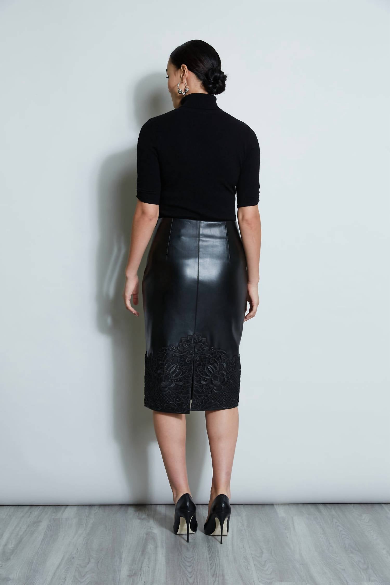 Elie Tahari - Vegan Leather Applique Lace Skirt