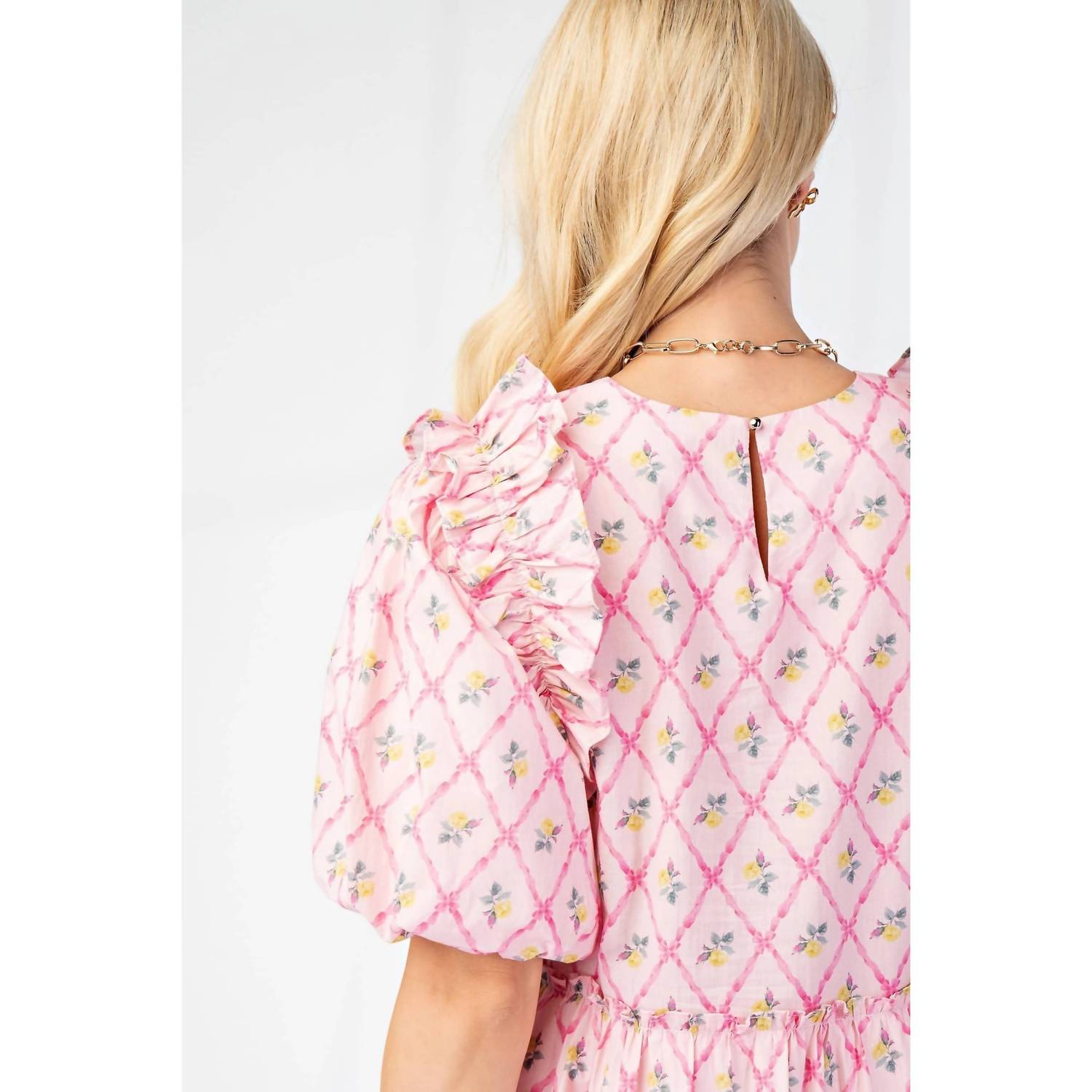 Bns - Printed Puff Sleeves Mini Ruffle Dress