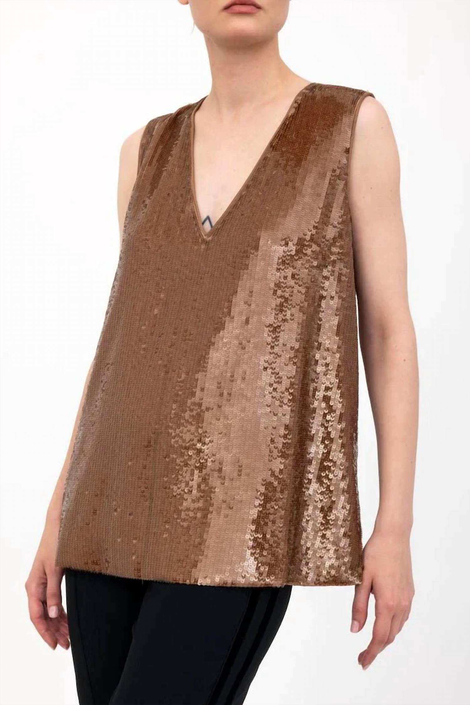 ELAINE KIM Ariana Sequin V Neck Shell Top in bronze - women's tank top