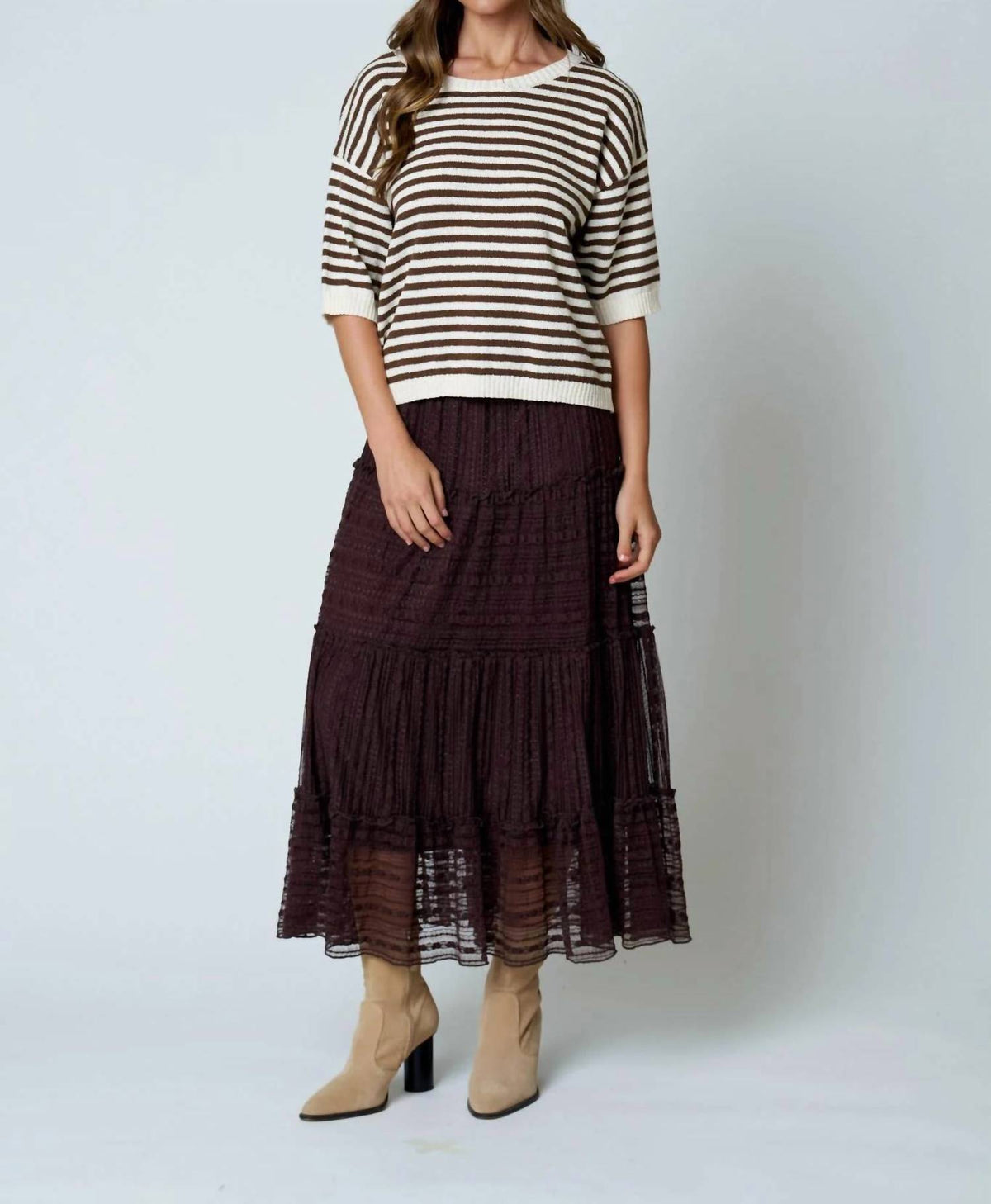 Blu Pepper - Textured Stripe Ruffle Tiered Midi Skirt