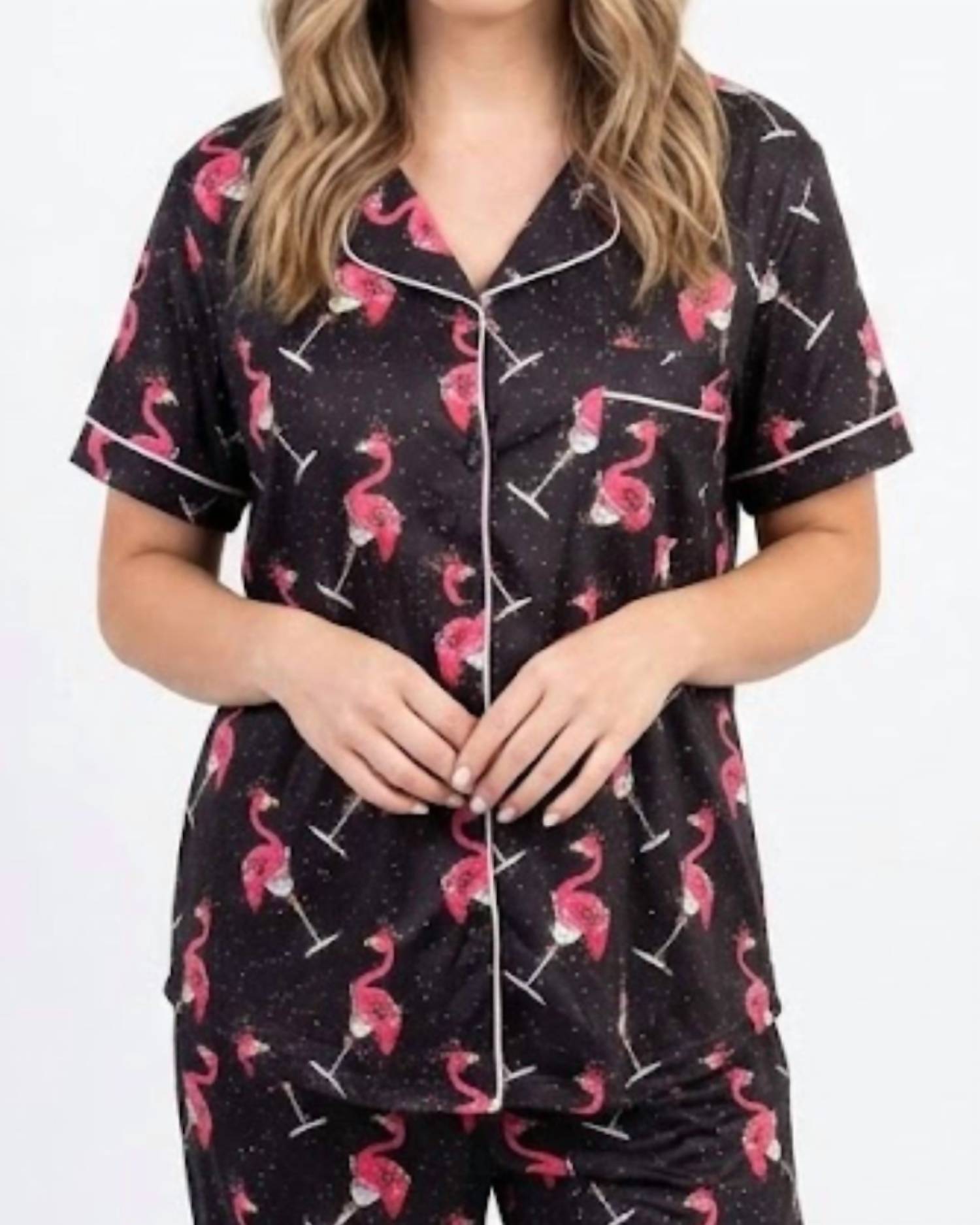 Shirley Stone - Short Sleeve Holiday Flamingo Pajama Set