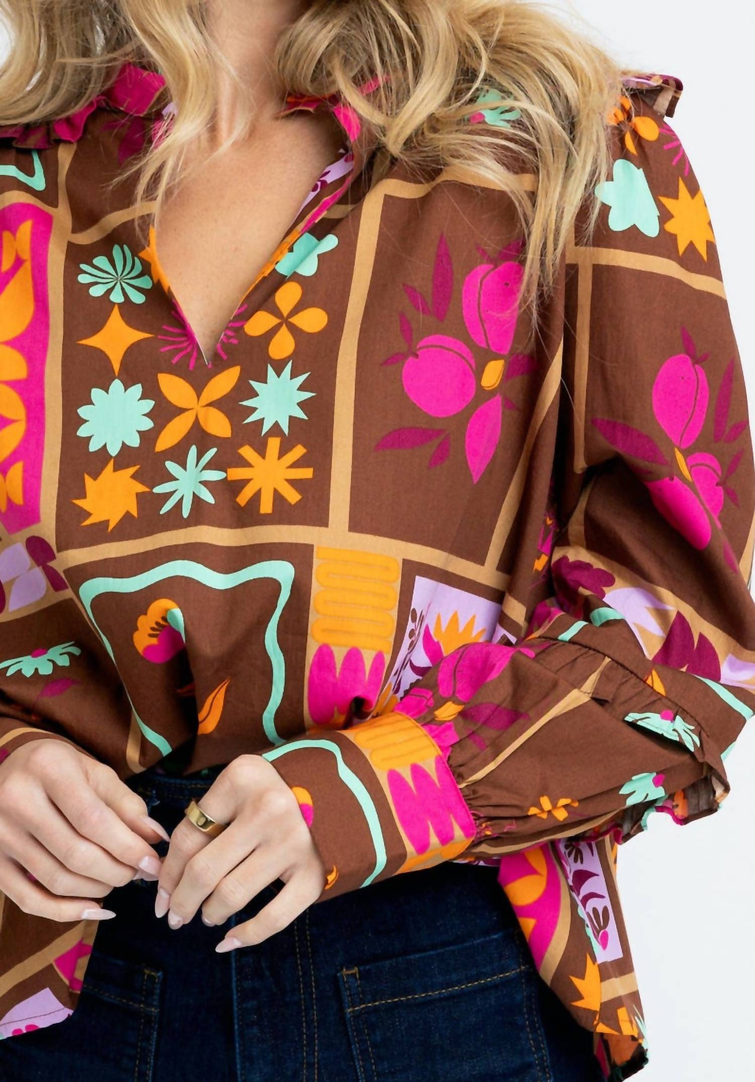 Karlie - Floral Frame V-neck Ruffle Top