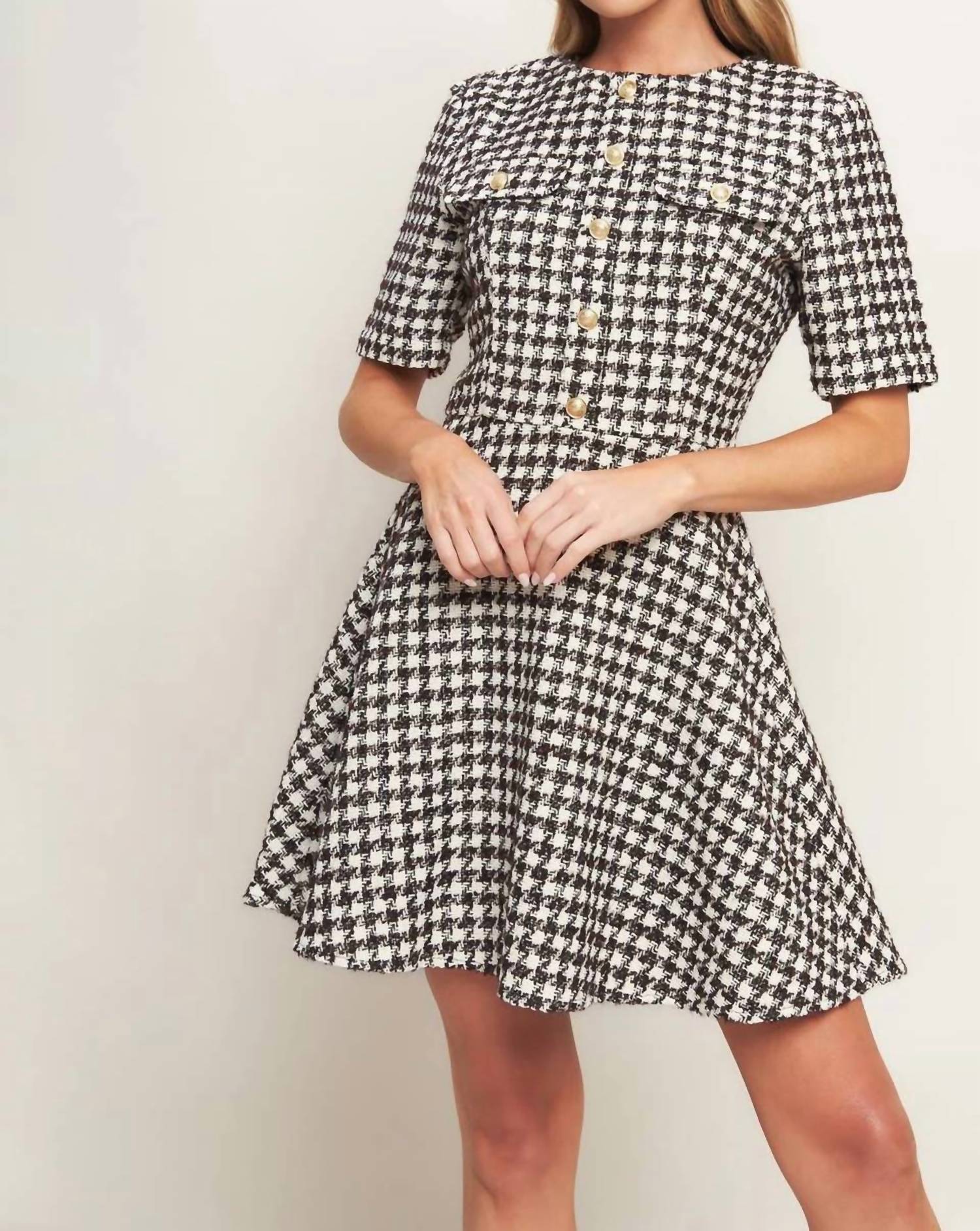 Flying Tomato - Tilde Short Sleeve Button Tweed Mini Dress