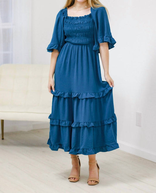 She + Sky - Bell Sleeve Square Neck Smocked Tiered Midi Dress