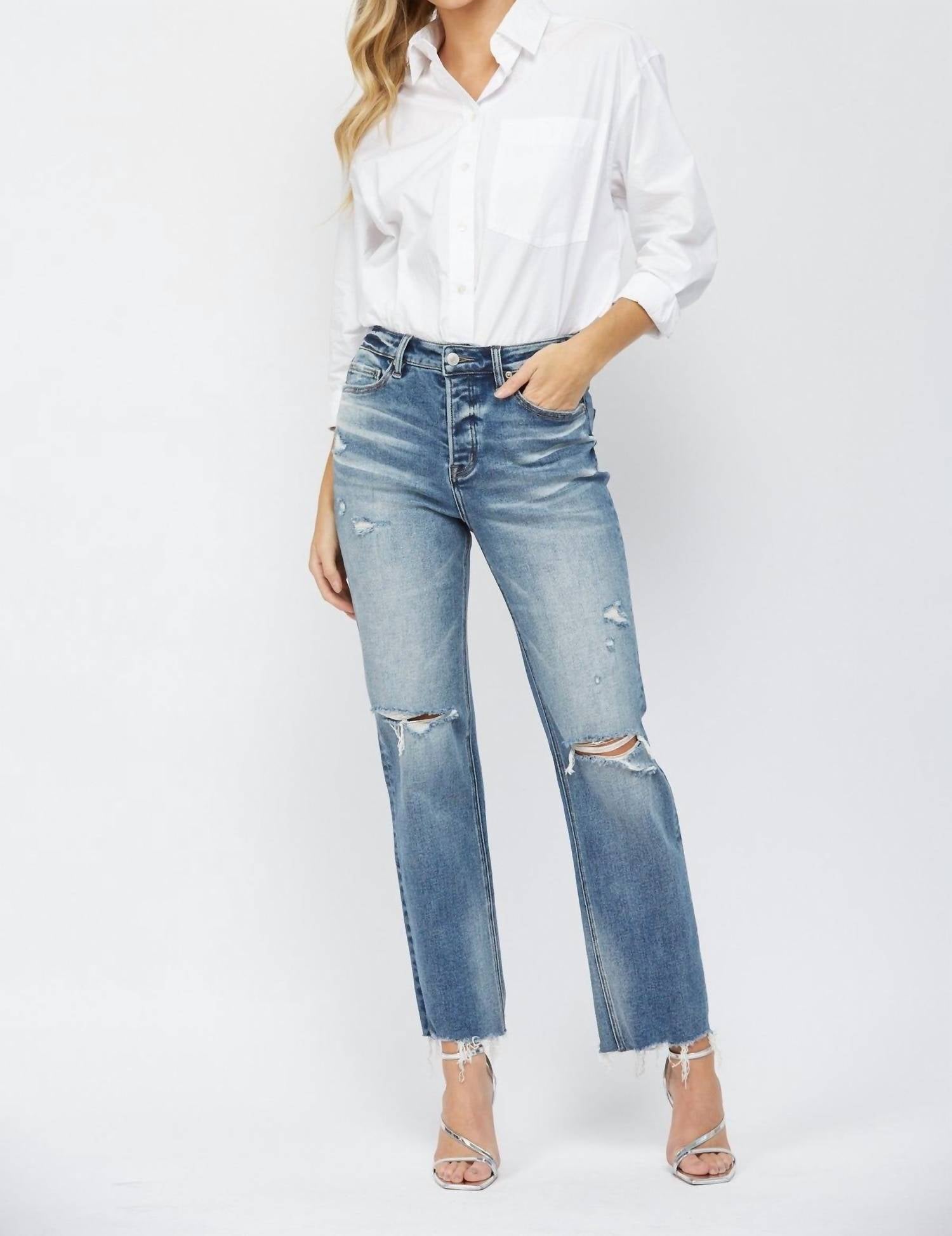 Mica Denim - Button Up High Rise Straight Leg Distressed Jeans