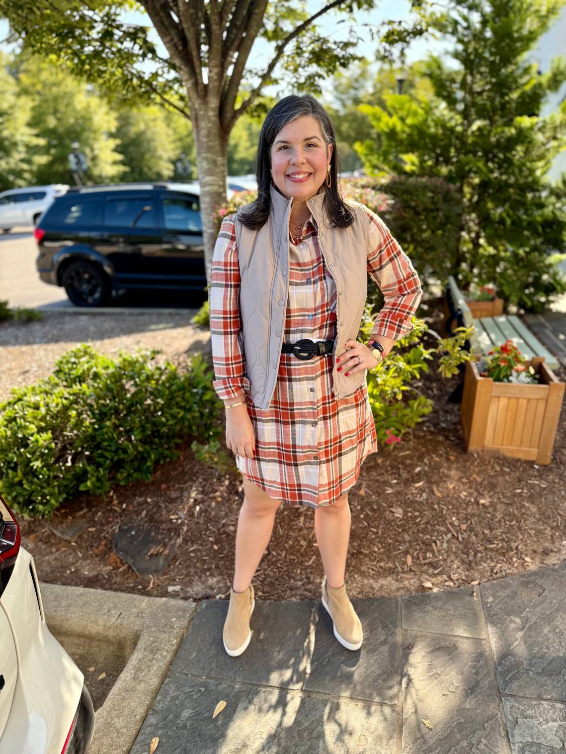 Staccato - Collared Button Closure Plaid Shirt Dress