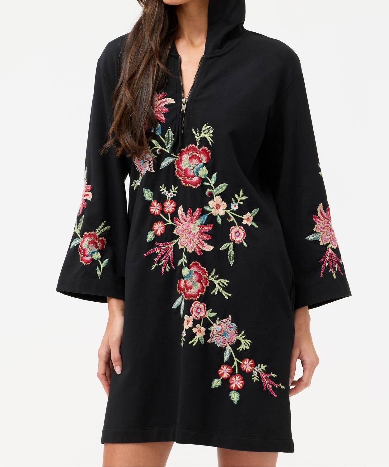 Johnny Was ZIP UP HOODED KNIT BEACH DRESS JUNIE in black - women's dress - view 4
