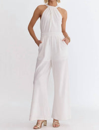Entrousa Solid Sleeveless Halter Neck Jumpsuit in white - women's pants