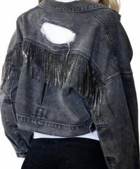 Blue B Rhea Rhinestone Fringe Distressed Denim Jacket in charcoal - women's jacket - detail view