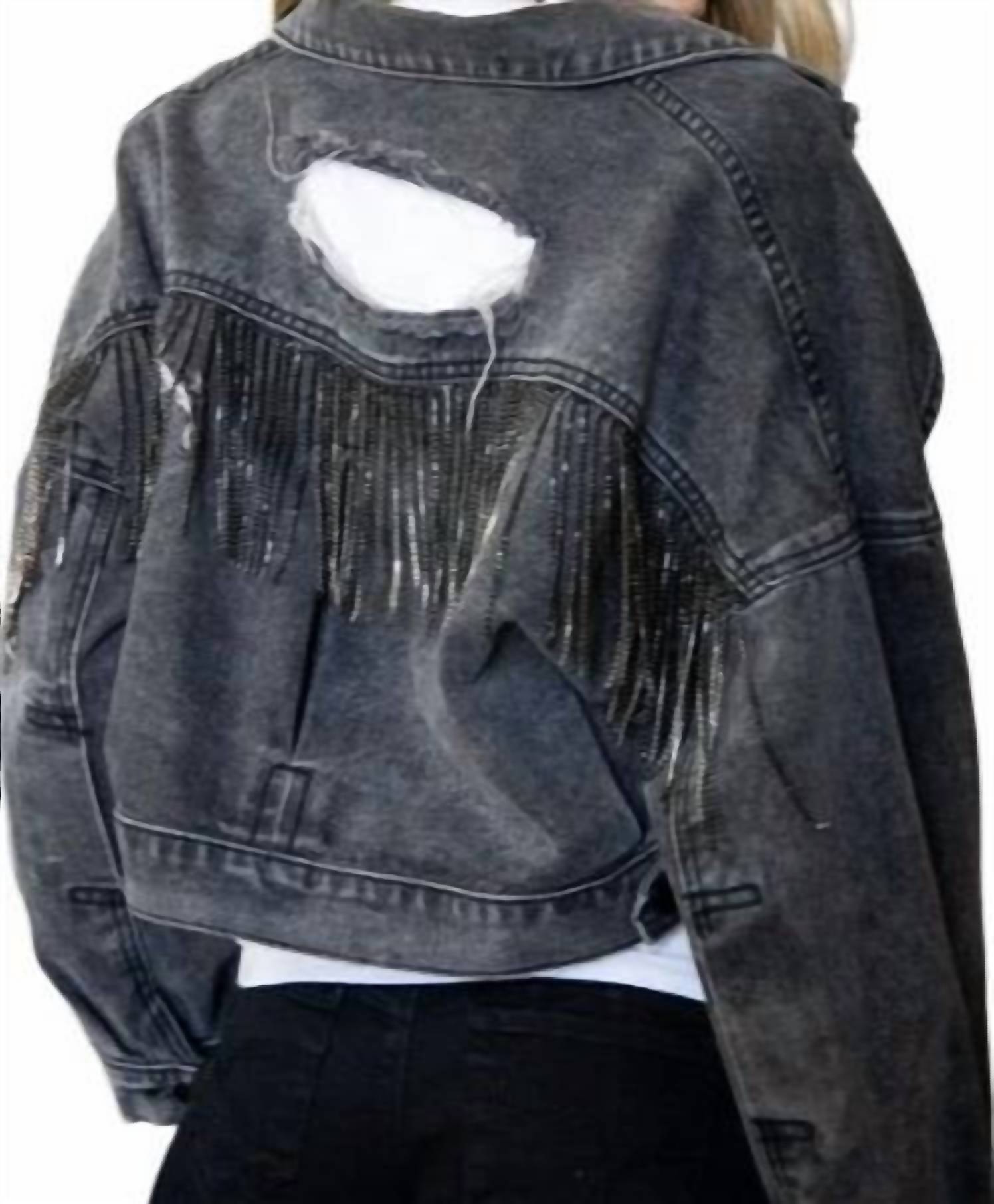 Blue B Rhea Rhinestone Fringe Distressed Denim Jacket in charcoal - women's jacket - detail view