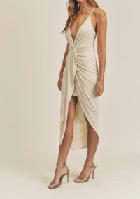 Mable - Cream Deep-V Draped Midi Dress