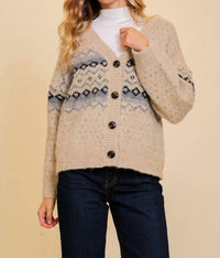 LUMIERE Argyle V-neck Cardigan in beige - women's sweater