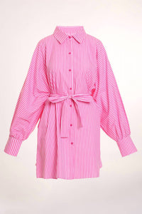 Beulahstyle - Women's Stripe Pattern Print Belted Midi Shirt Dress