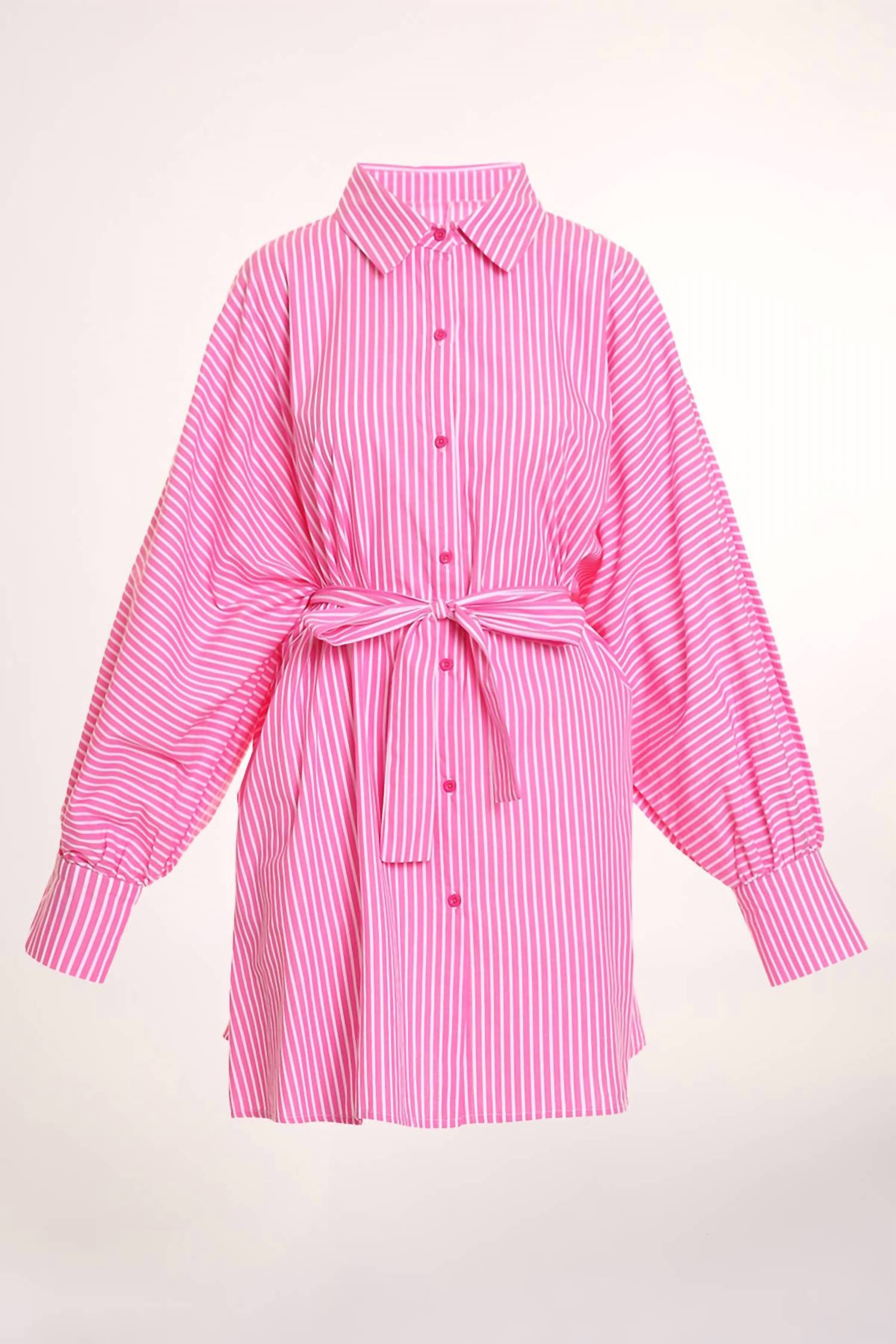 Beulahstyle - Women's Stripe Pattern Print Belted Midi Shirt Dress