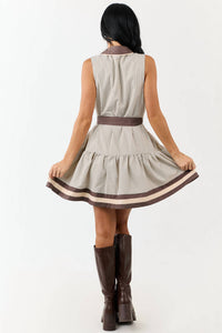 entro Striped Collard V Neck Button Down Dress With Tie Belt in mocha and cream - women's dress - detail view