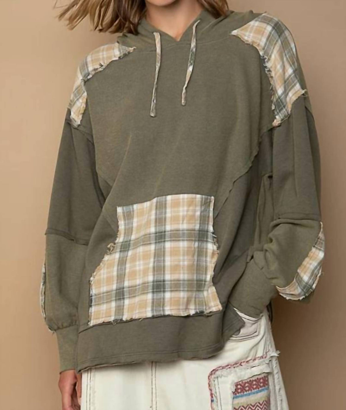 Pol - Plaid Perfection Boxy Balloon-sleeved Hoodied Top