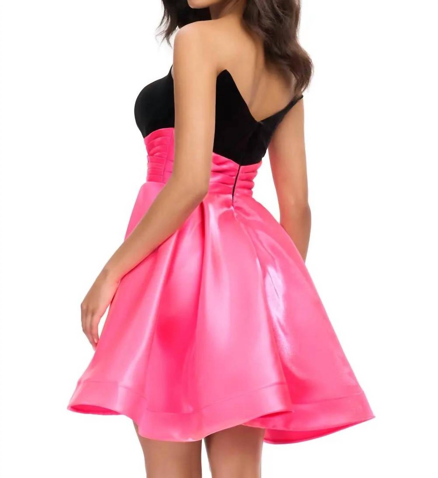 ASHLEYlauren Strapless Fitted Velvet Skirt Dress in black hot pink - women's dress - detail view