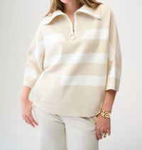 Joseph Ribkoff Striped Zipper Casual Top in birch melange winter white - women's blouse