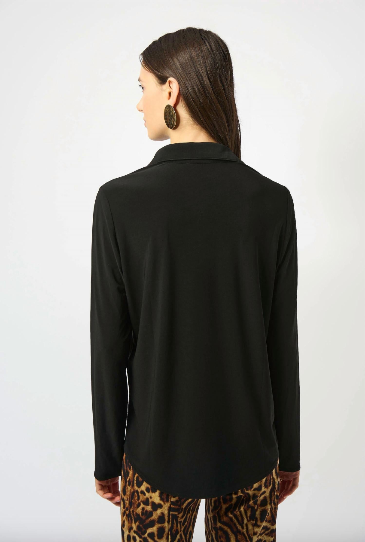Joseph Ribkoff Silky Knit Button-front Straight Blouse in black 1 - women's blouse - detail view