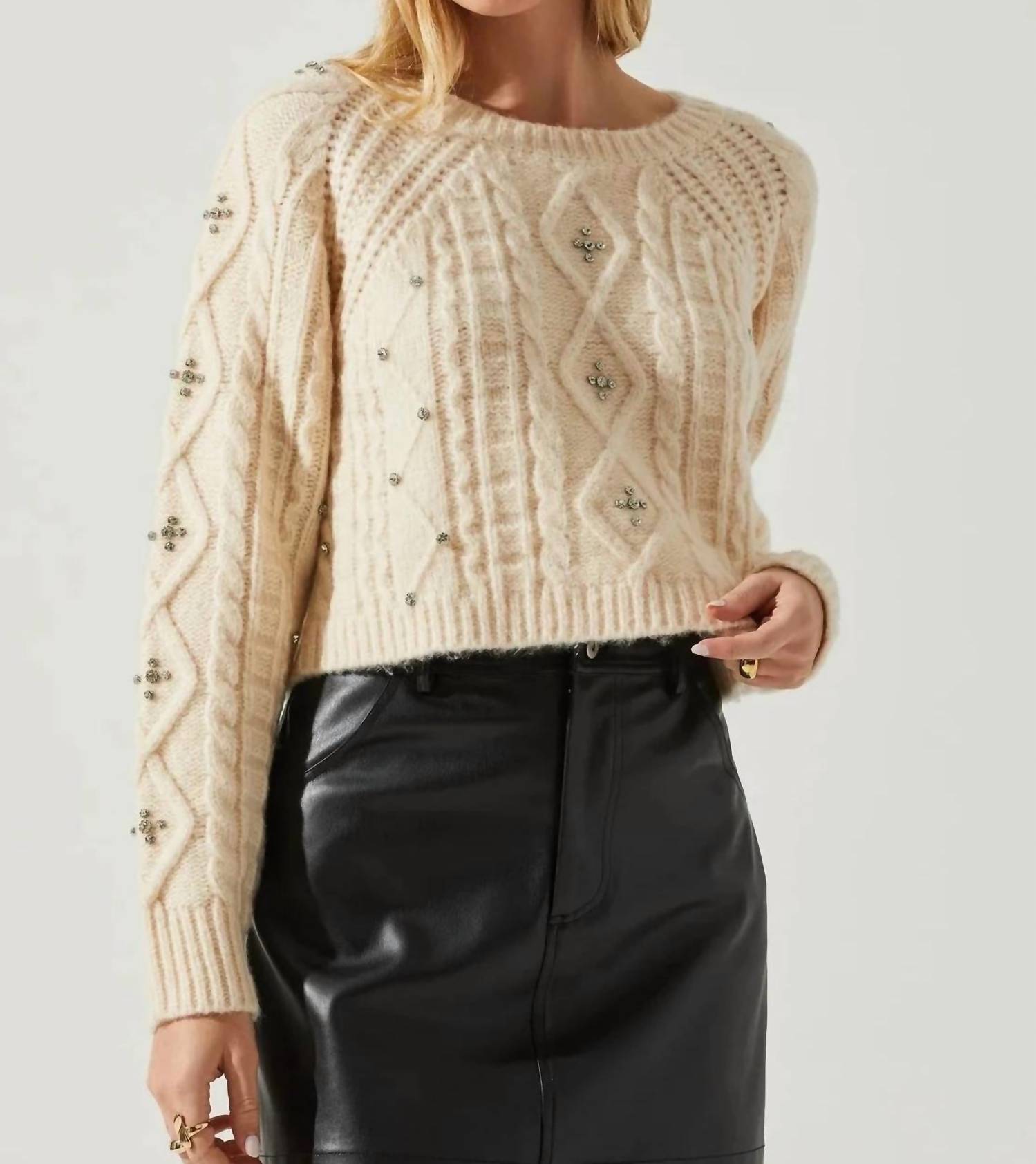 ASTR Crystal Embellished Long Sleeve Sweater in cream - women's sweater