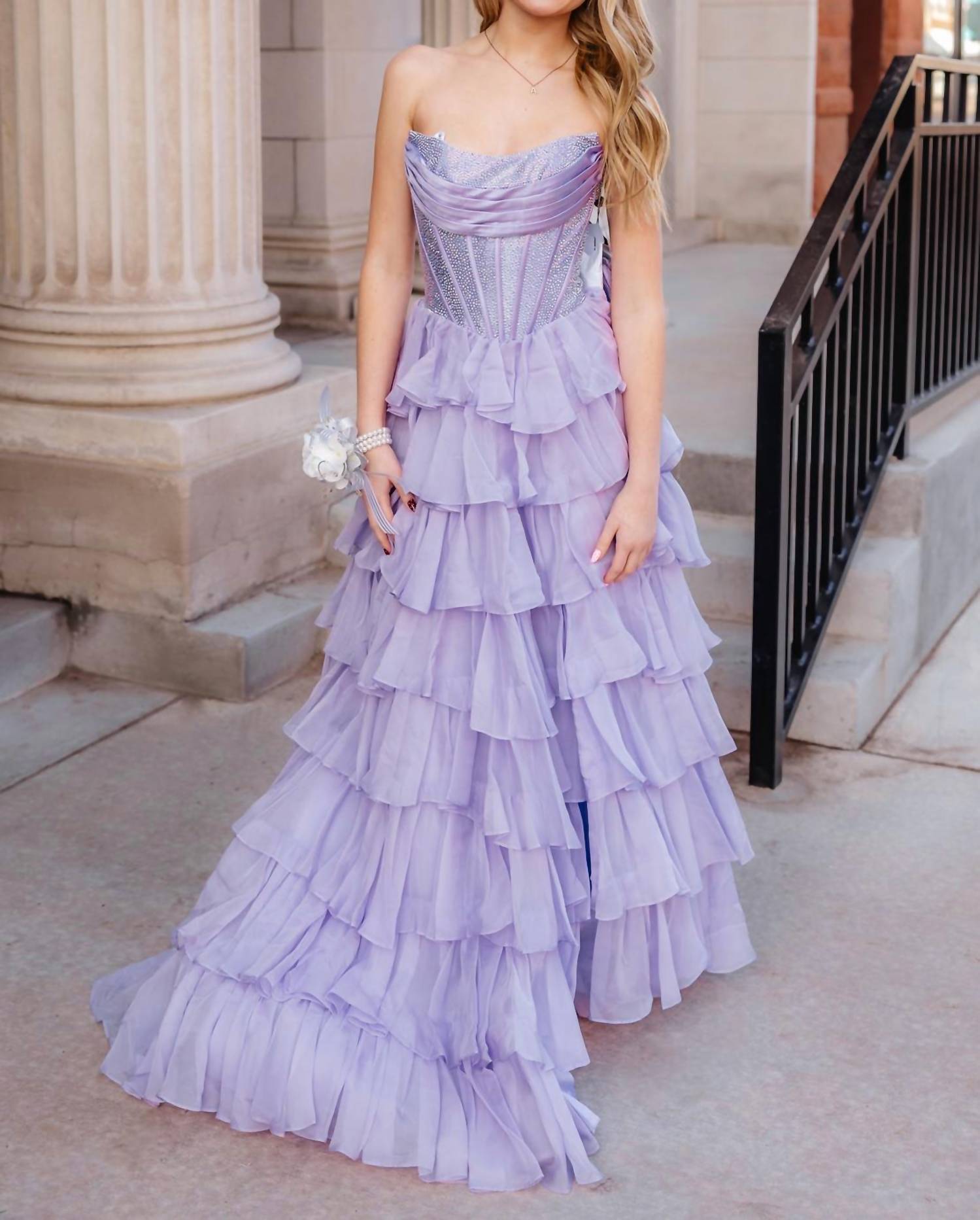 Sherri Hill Strapless Prom Dress With Chiffon Ruffle Skirt in lilac - women's dress