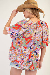 Easel Bohemian Paisley Print Tassel Front Top in blush red - women's t-shirt - alternate view