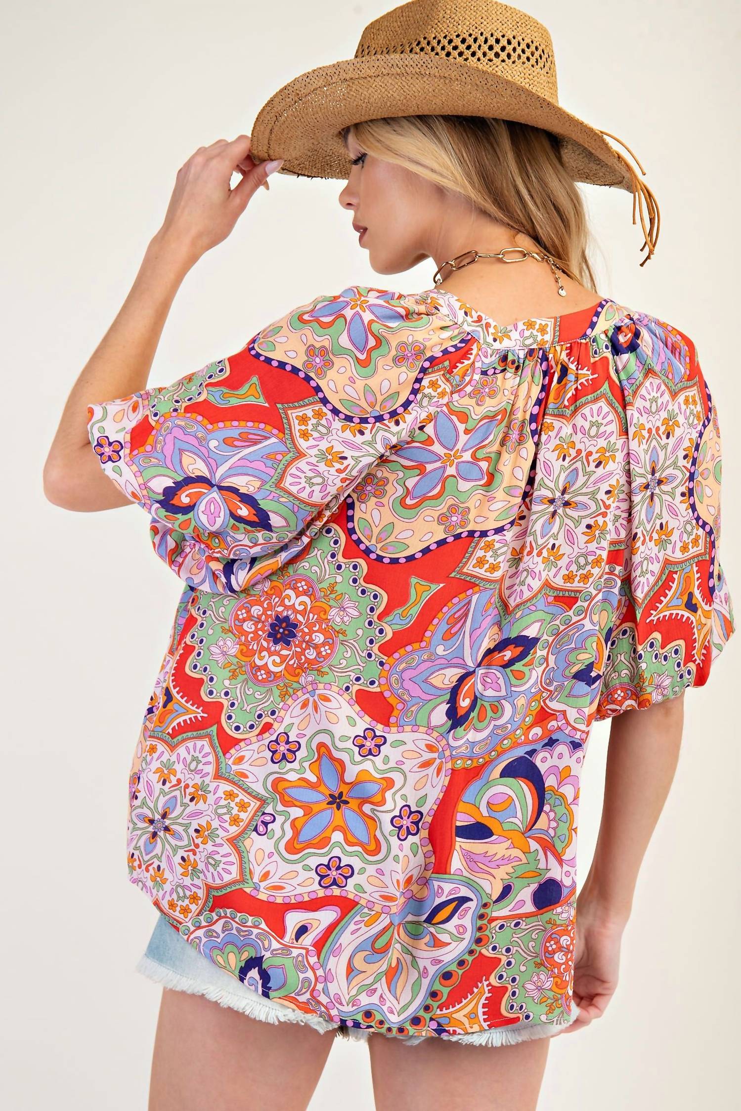 Easel Bohemian Paisley Print Tassel Front Top in blush red - women's t-shirt - alternate view