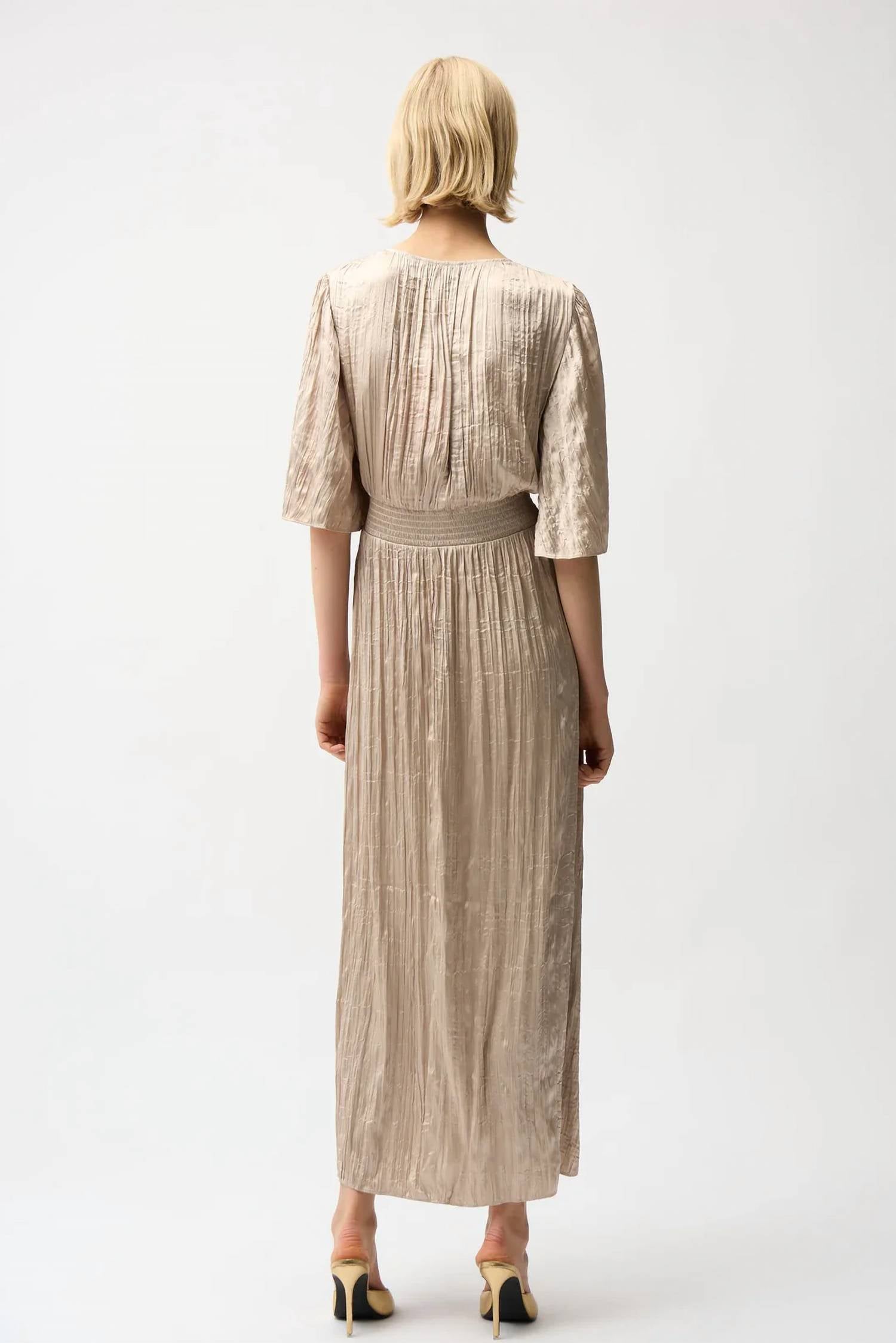 Joseph Ribkoff - Pleated Satin V-neck Maxi Dress
