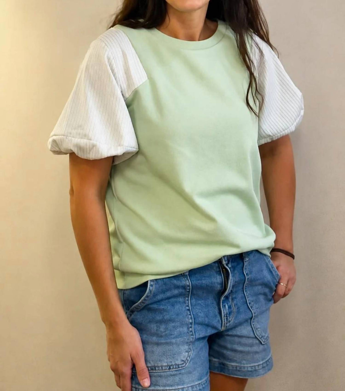 Doe And Rae - Puff Sleeve Mixed Top