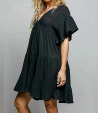 Pol - V-neck Ruffle Shirring Cotton Dress