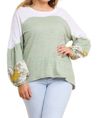 Umgee - Leaf Puff Sleeve Colorblock Top