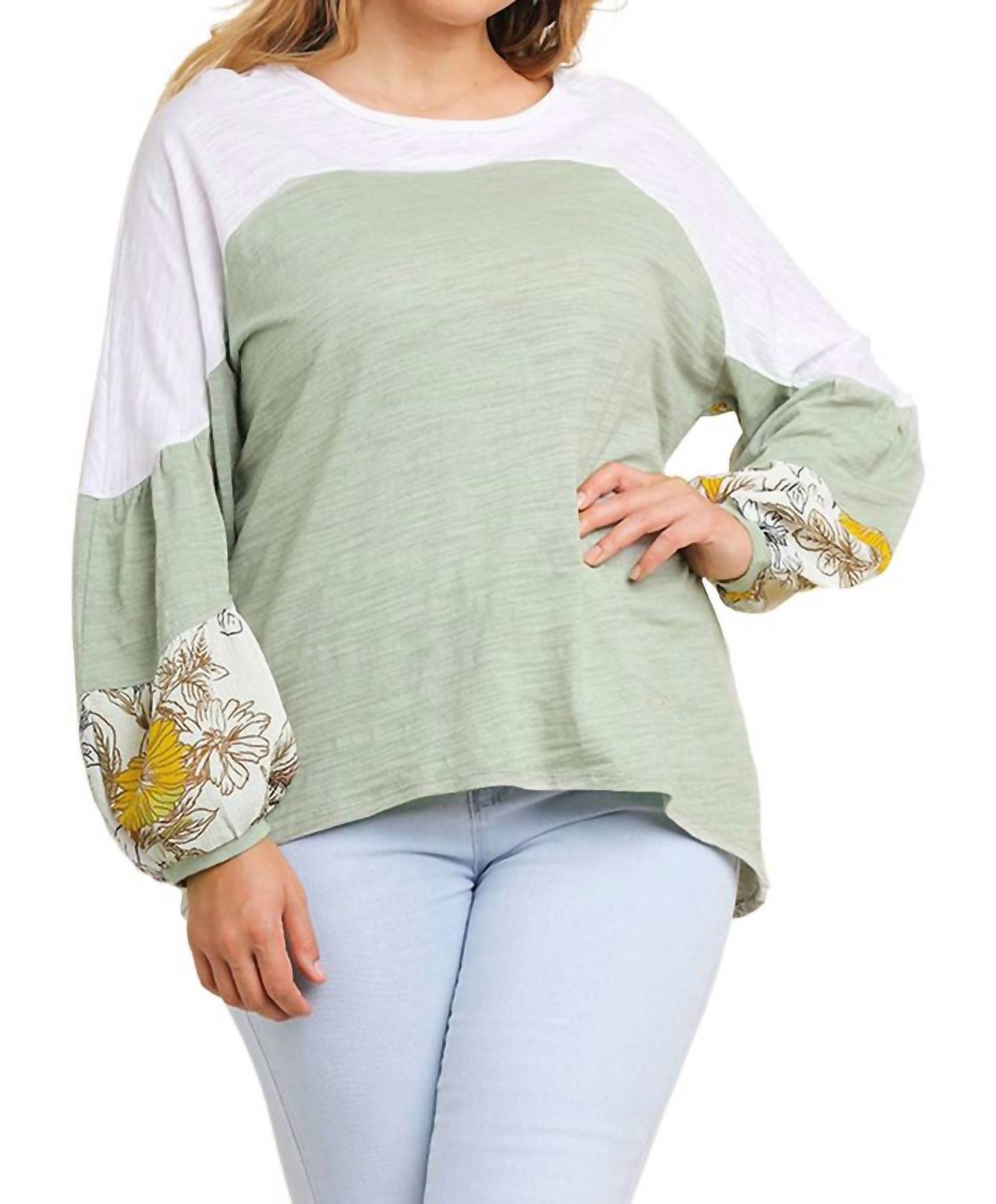 Umgee - Leaf Puff Sleeve Colorblock Top