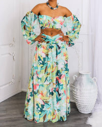 Surelymine - Tropical Floral Puff Sleeve Two-Piece Set with Slit Skirt
