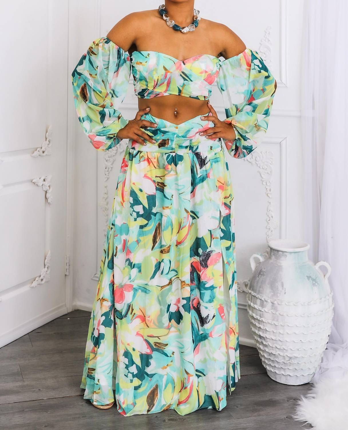 Surelymine - Tropical Floral Puff Sleeve Two-Piece Set with Slit Skirt
