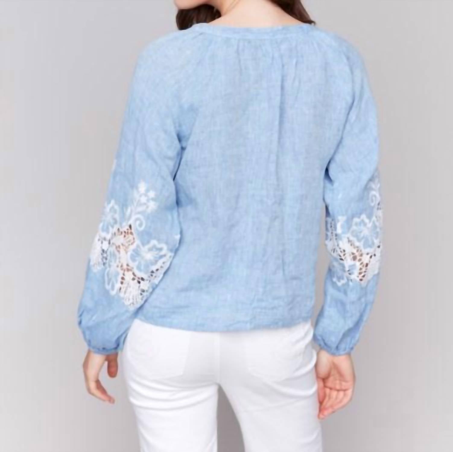 Charlie B - Cotton-linen Button-front Blouse With Embroidery