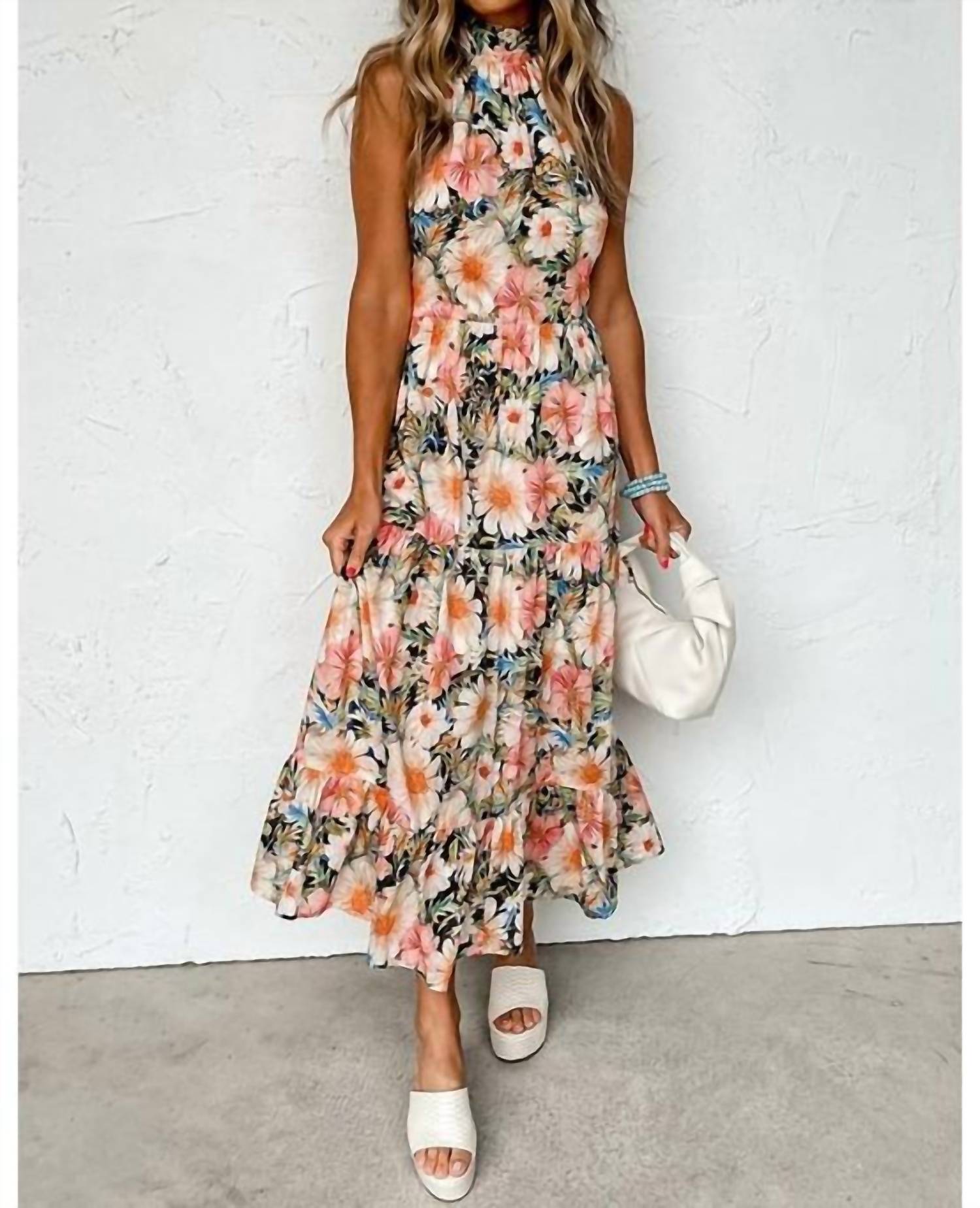 Little Daisy Closet Boho Floral Print Knotted Halter Ruffled Maxi Dress in multi - women's dress - view 4