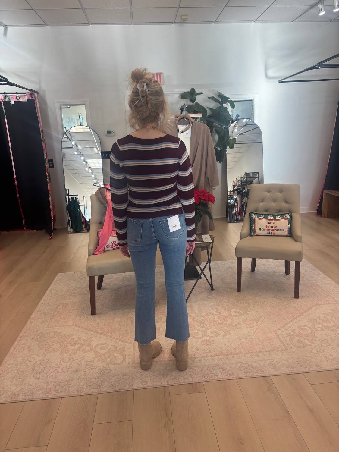 LE LIS Alyssa Striped Sweater in burgundy stripe - women's sweater - detail view