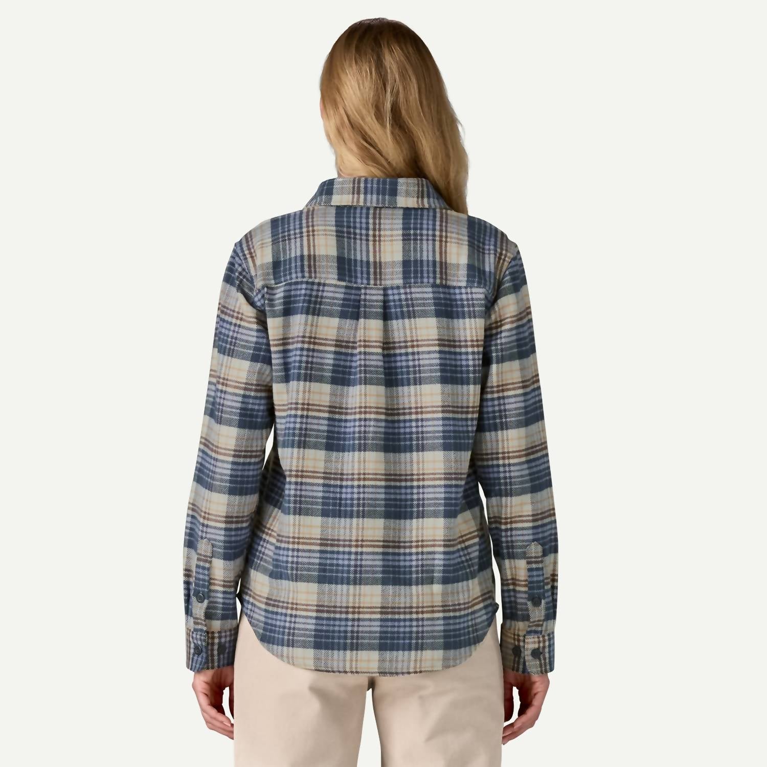 Patagonia Fjord Flannel Shirt in river plaid barnacle blue - women's long sleeve top - detail view