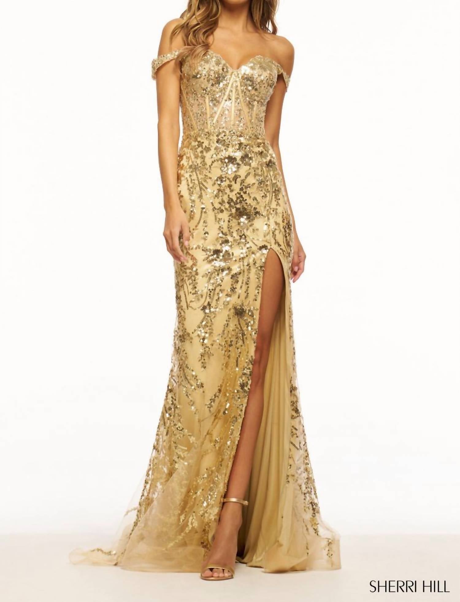 Sherri Hill Corset Bodice Sequin Dress in gold - women's dress - alternate view