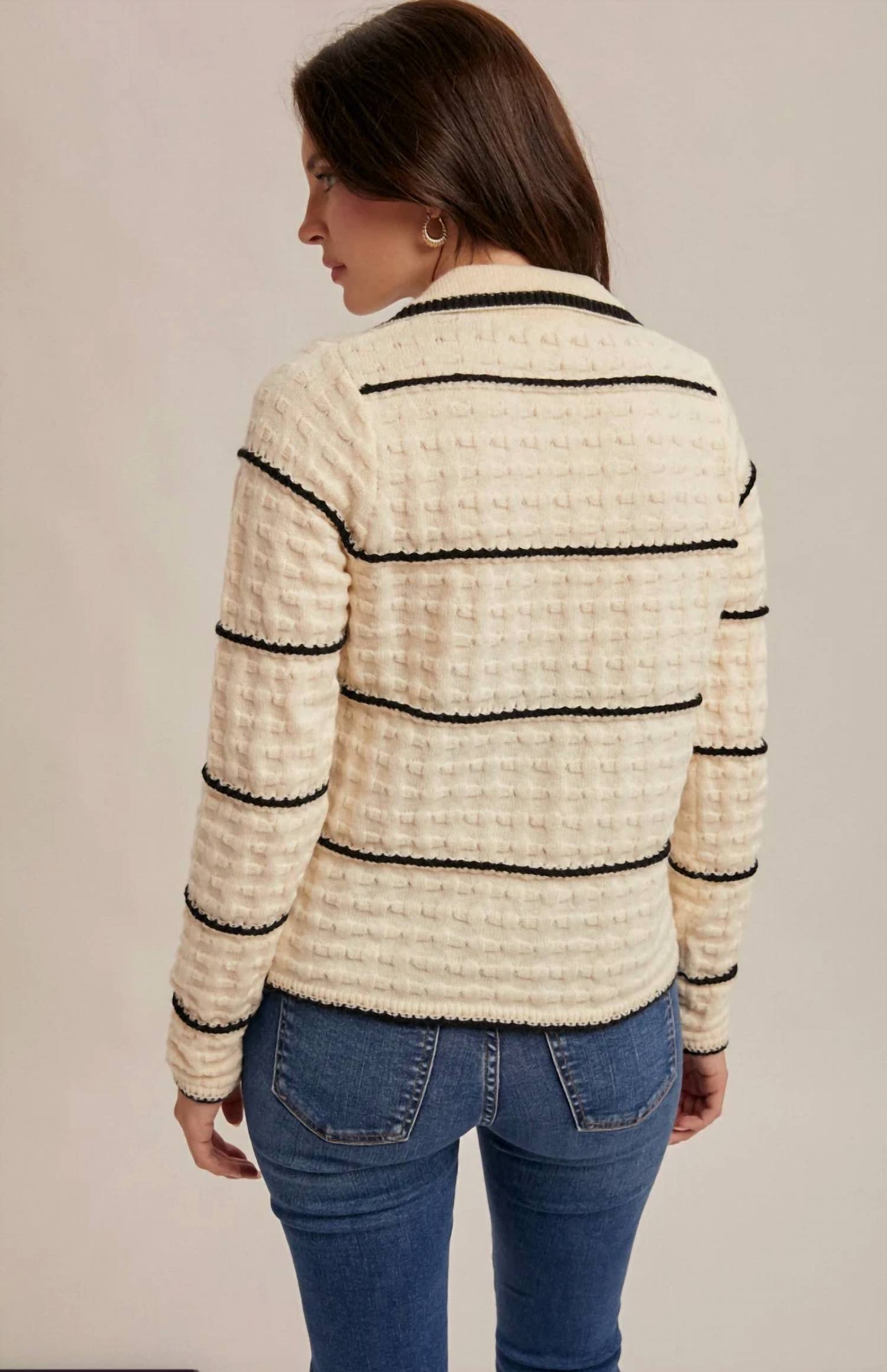 Hem & Thread - Texture Knit Collared Stripe Cardigan