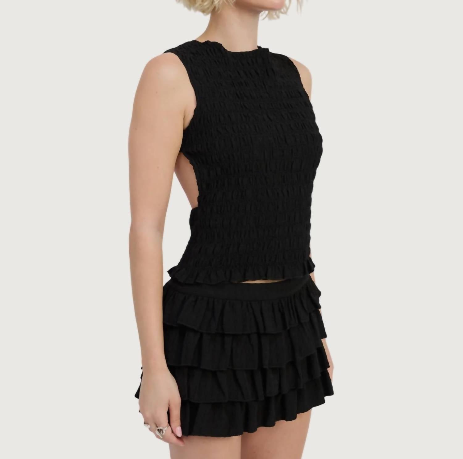 Emory Park Fallon Smocked Top in black - women's tank top - detail view