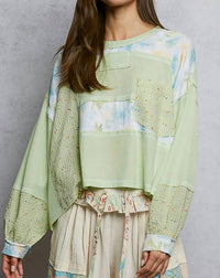 POL Floral Strip Stitch Knit Top in lime - women's blouse