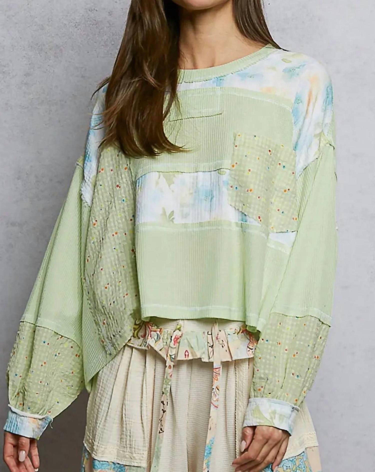 POL Floral Strip Stitch Knit Top in lime - women's blouse