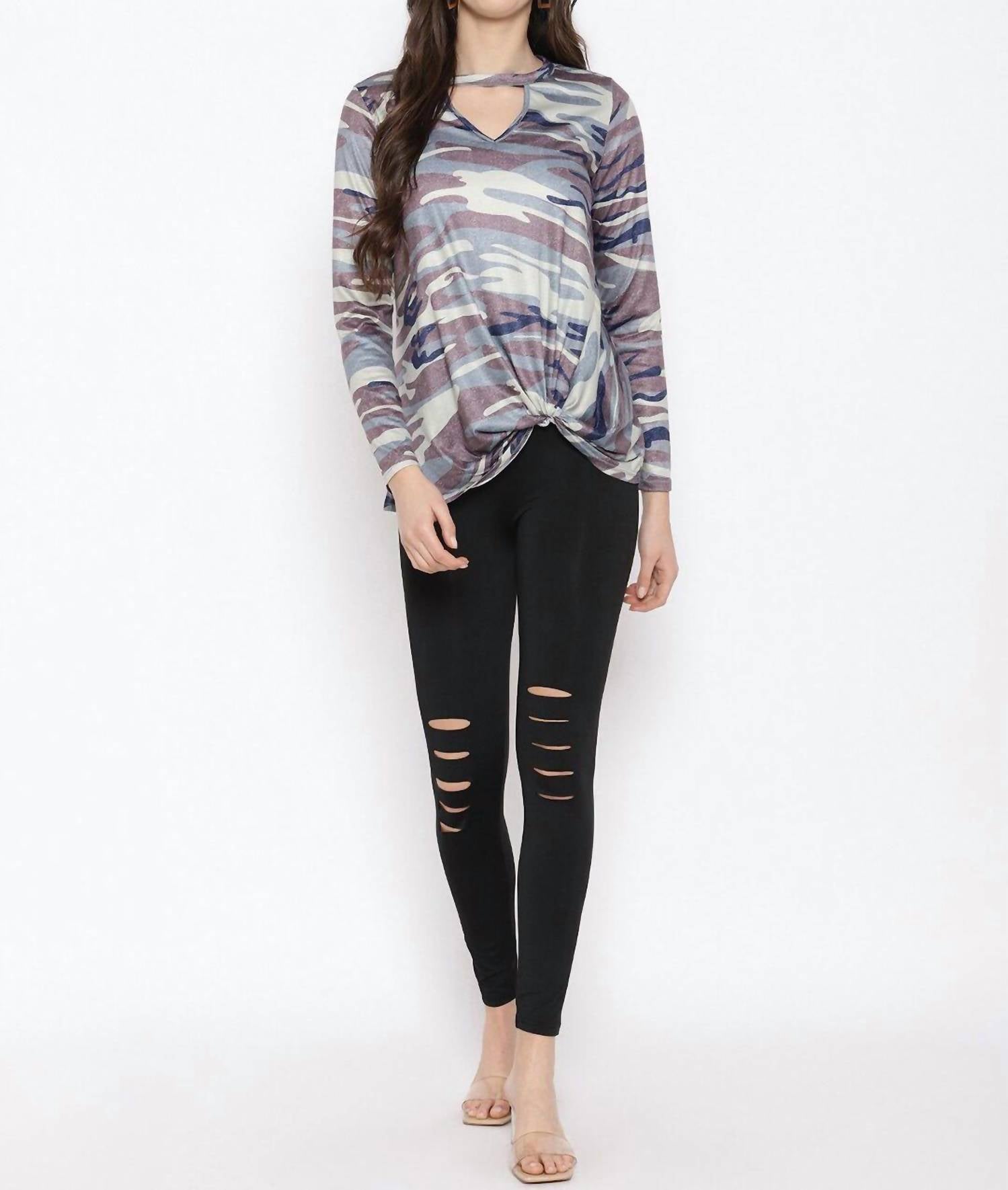 Shirley Stone - Camo Keyhole Knot Top