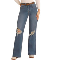 Rock & Roll Denim Vintage Distressed Relaxed Flare Jeans in blue - women's jeans