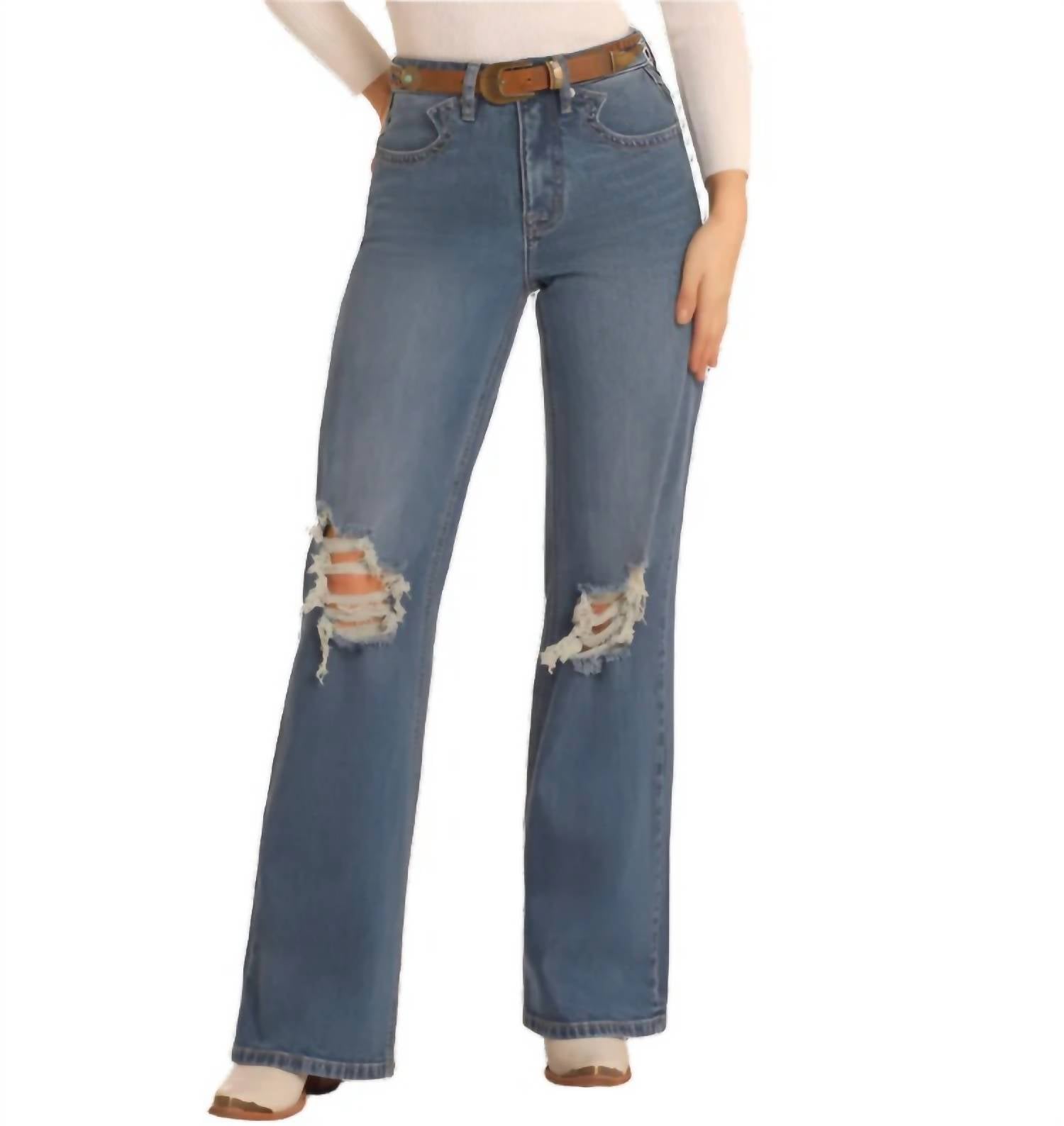 Rock & Roll Denim Vintage Distressed Relaxed Flare Jeans in blue - women's jeans