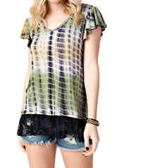 Vocal Apparel - TIE DYE SHORT SLEEVE LACE DETAIL TOP