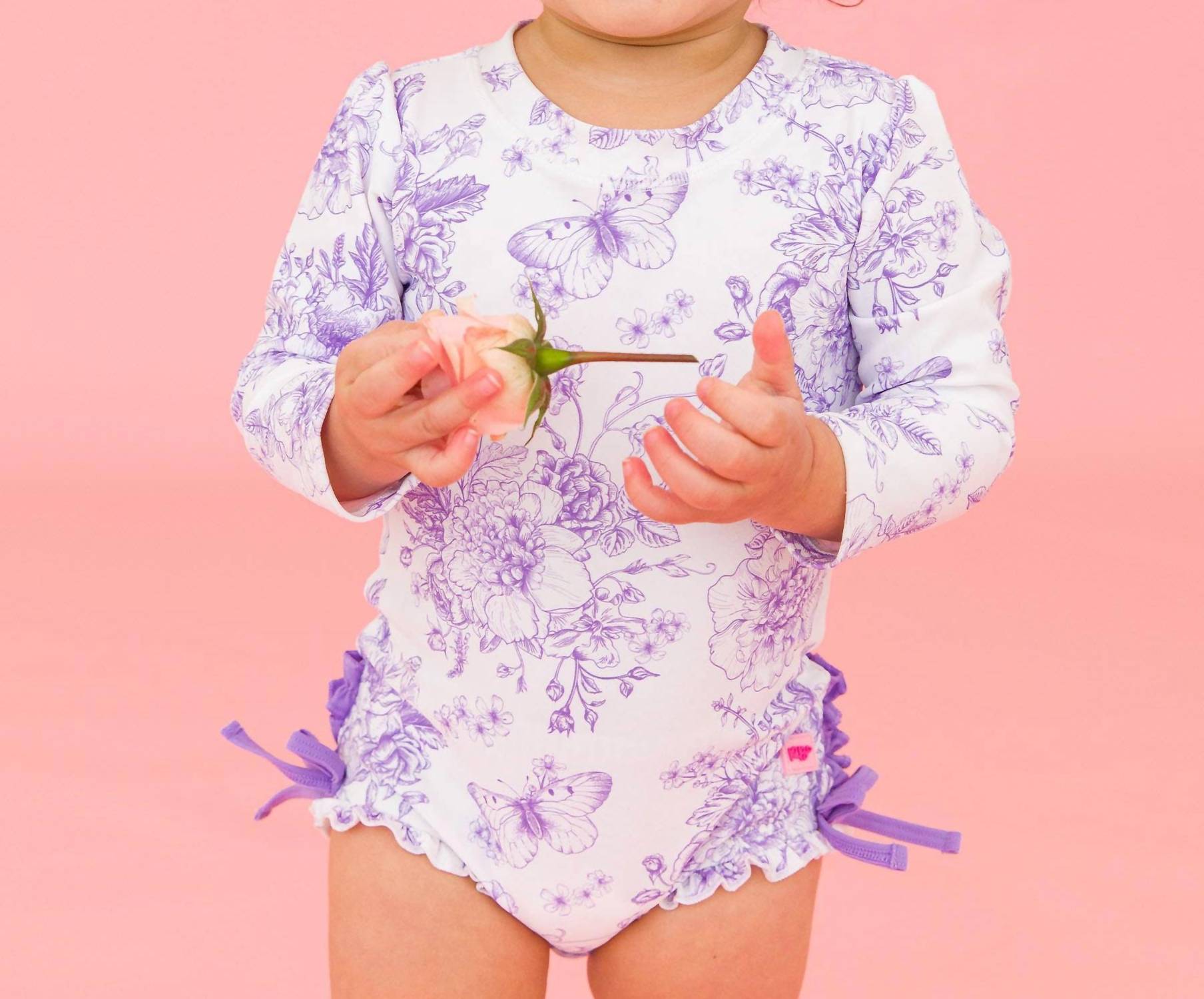 Rufflebutts - Butterfly Garden Toile Long Sleeve One Piece Ruffle Rash Guard Swimsuit